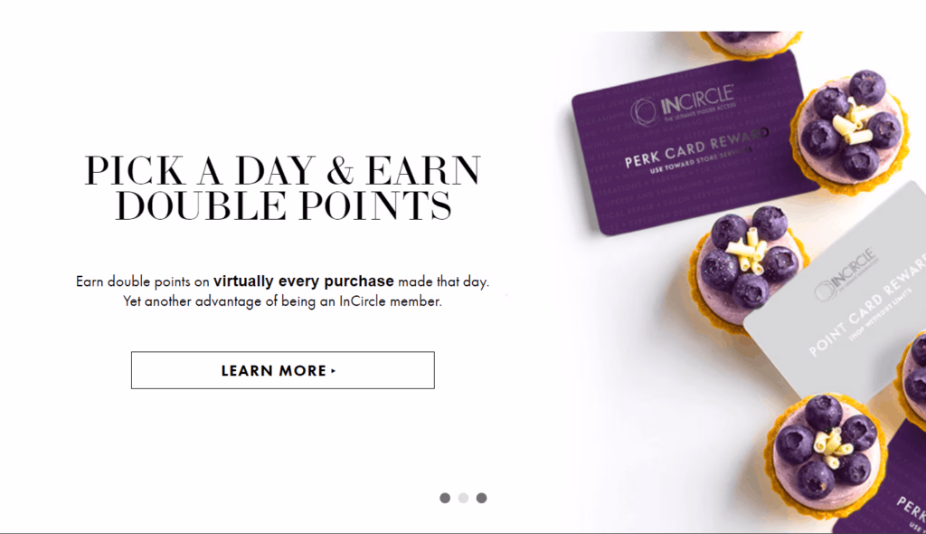 InCircle rewards promotion with text about double points, next to InCircle cards and blueberry tart desserts.