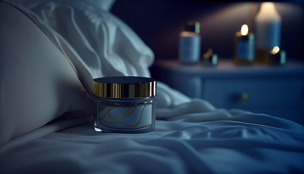 Jar of night cream with gold accents sits on a bed near a bedside table.