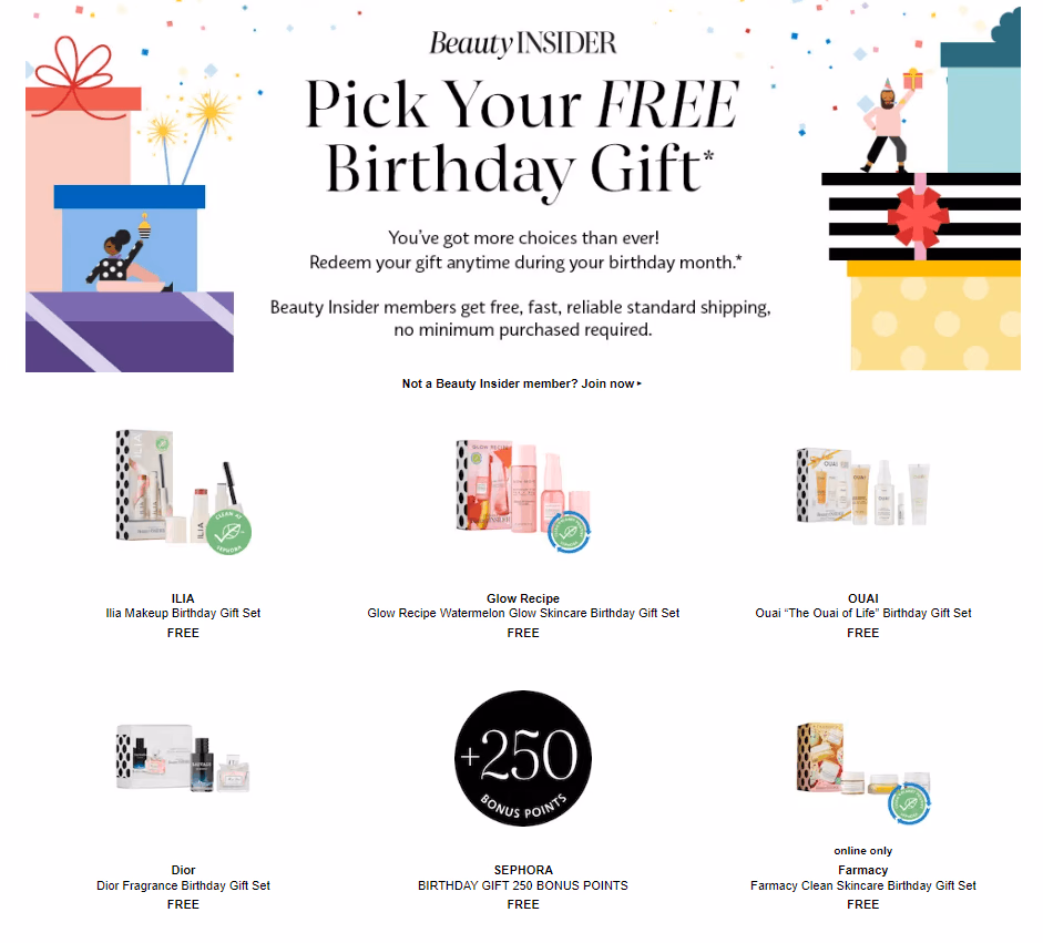 Sephora Beauty Insider offers free birthday gifts featuring Ilia, Glow Recipe, Ouai, Farmacy, and Dior products.