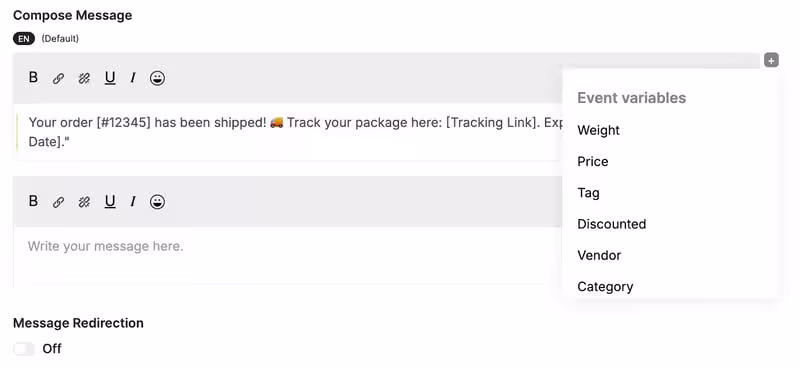 Email composer screen with event variables like weight, price, tags, vendors, etc.