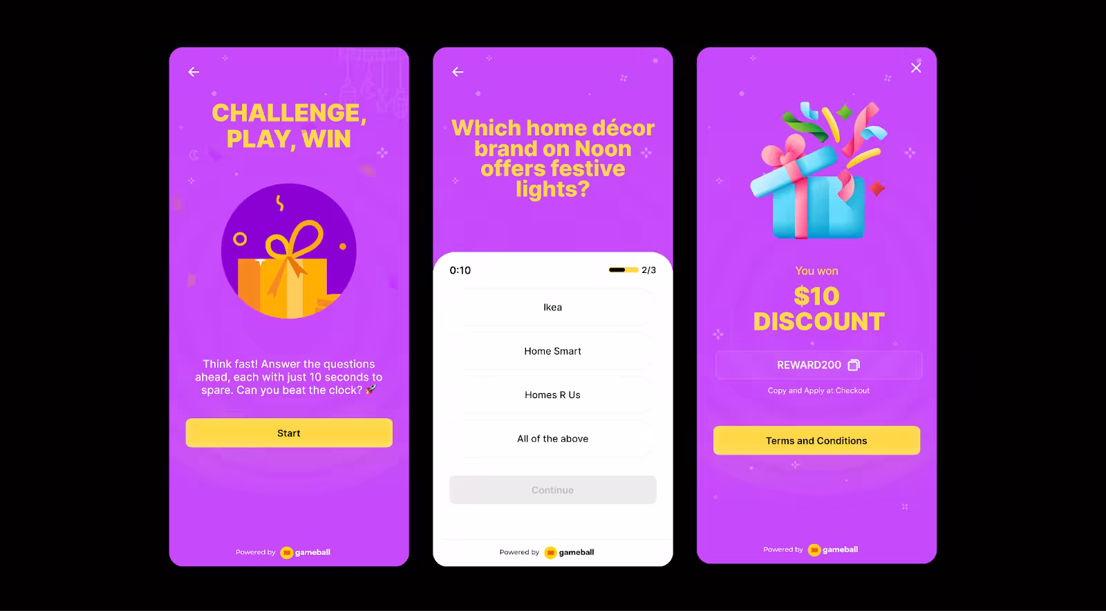 Three phone screens promoting a "Challenge, Play, Win" game to earn a __wf_reserved_inherit0 discount.