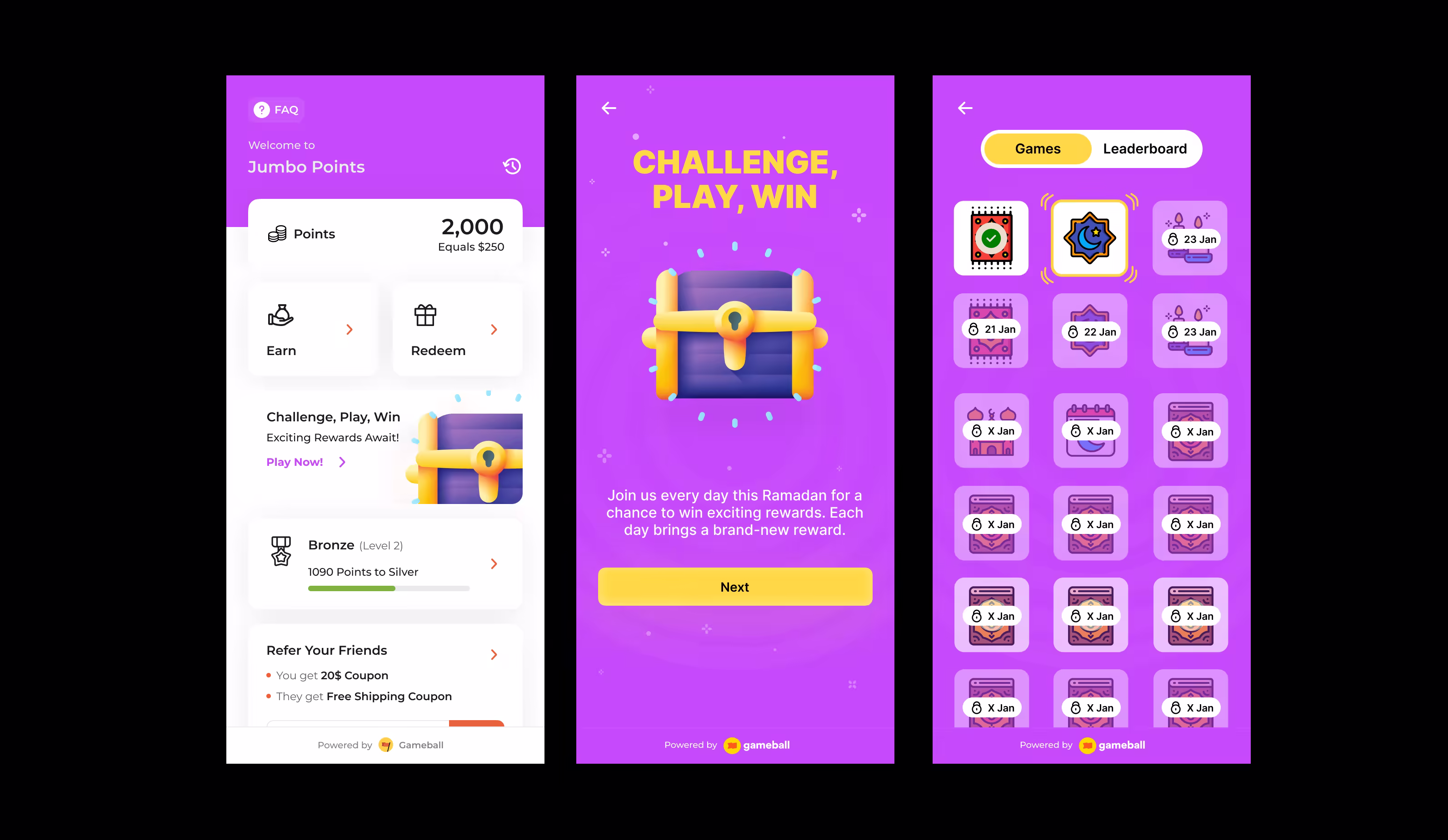 Mobile app screenshots promoting Ramadan games and reward points on a purple background.