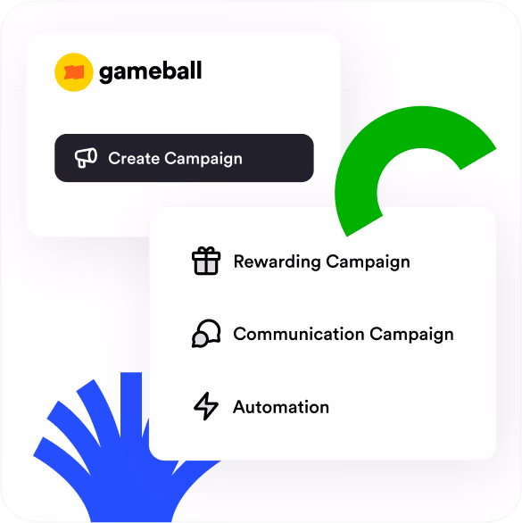 Gameball interface displaying reward campaigns, communication campaigns, and automation.