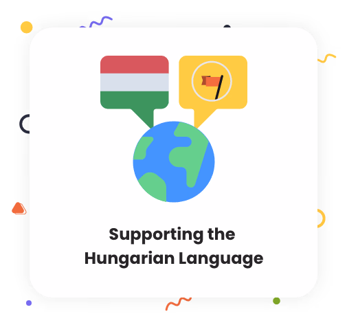 Globe with speech bubbles representing Hungarian language support.