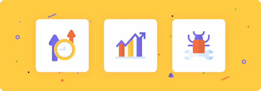 Three squares feature a clock with arrows, an upward trending bar graph, and bug being fixed, respectively.