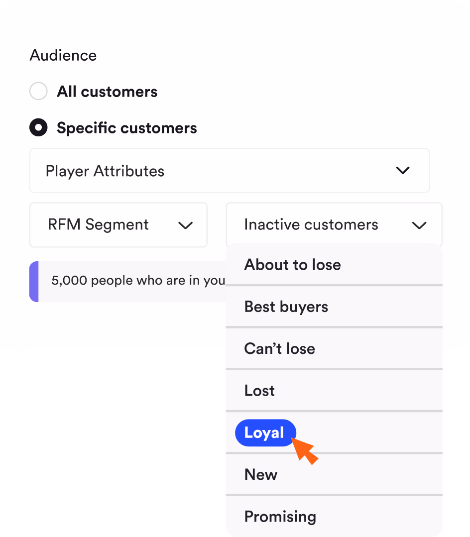 "Inactive customer" dropdown menu selecting "Loyal" customers.
