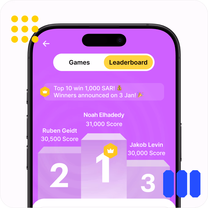 Mobile game leaderboard showing top three players and their scores.