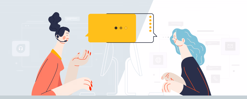 Cartoon illustration: chat box between customer service rep and customer, positive review.
