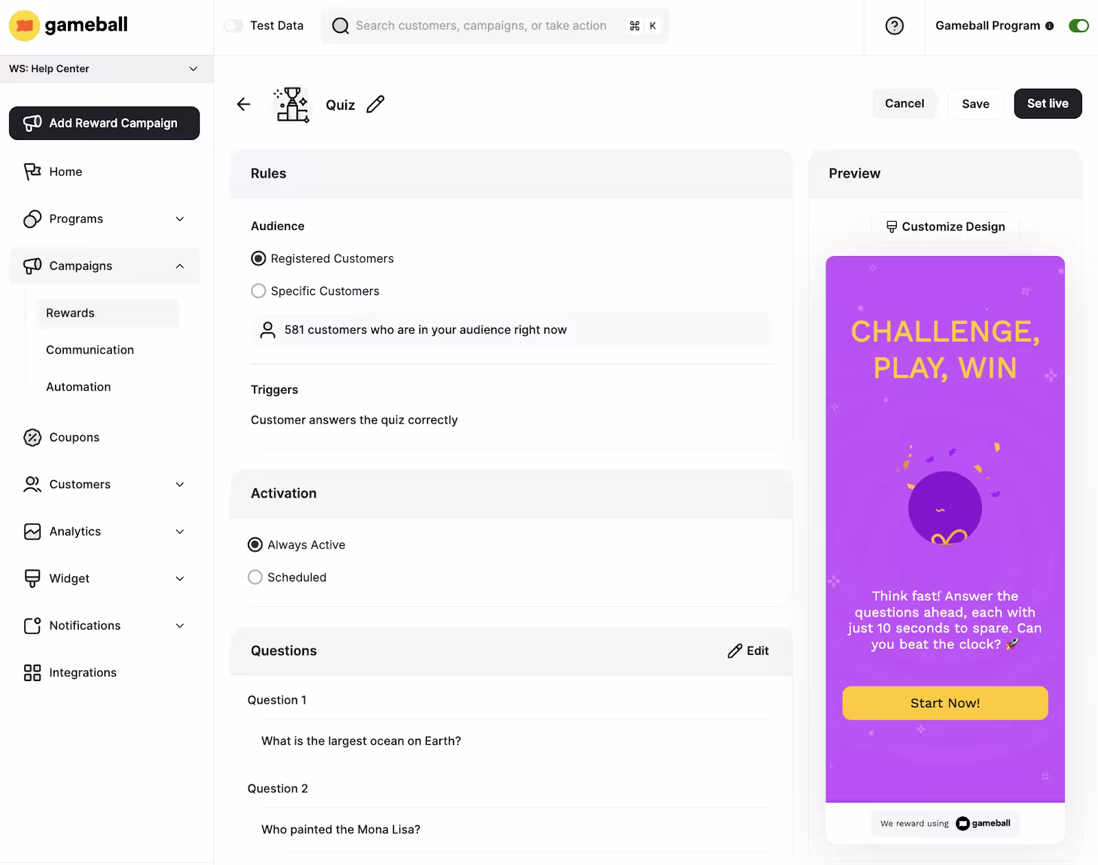 Gameball's quiz builder interface shows rules, triggers, questions, and a purple "Challenge, Play, Win" preview screen.
