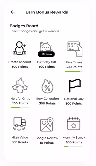 App screen showing bonus rewards for earning badges in different categories.