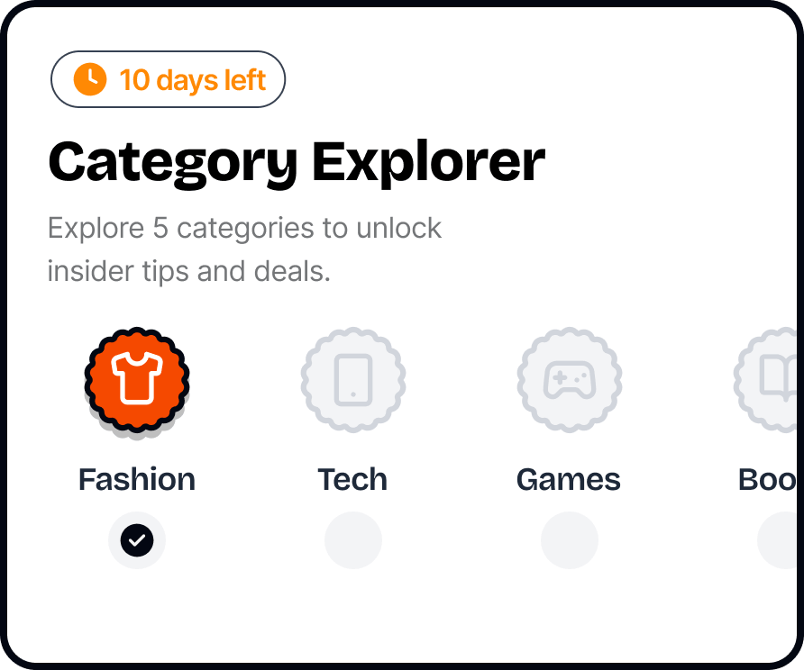 Category Explorer promotion with various categories like Fashion, Tech, Games, and Books.