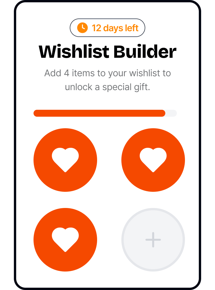 Wishlist builder interface showing a progress bar and the need to add one more item to unlock a gift.
