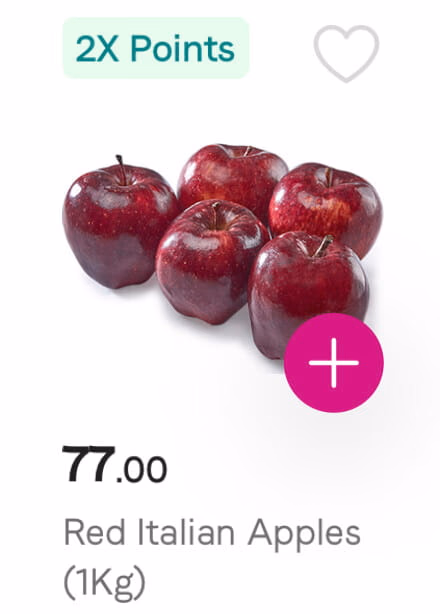 Six red Italian apples are for sale at $77.00 per kilogram.