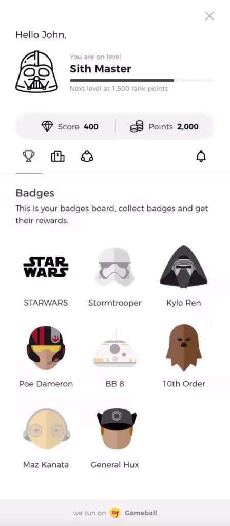 Mobile app screen showing Star Wars character badges that can be collected.