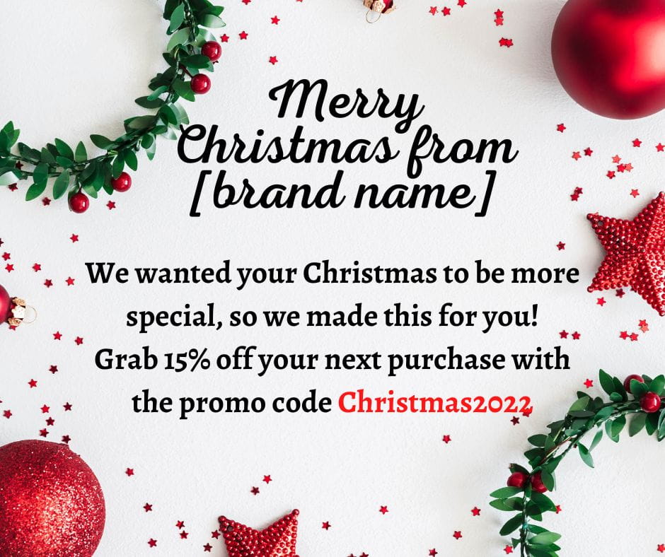 Example of a Christmas card for customers with a promo code for a future discount.