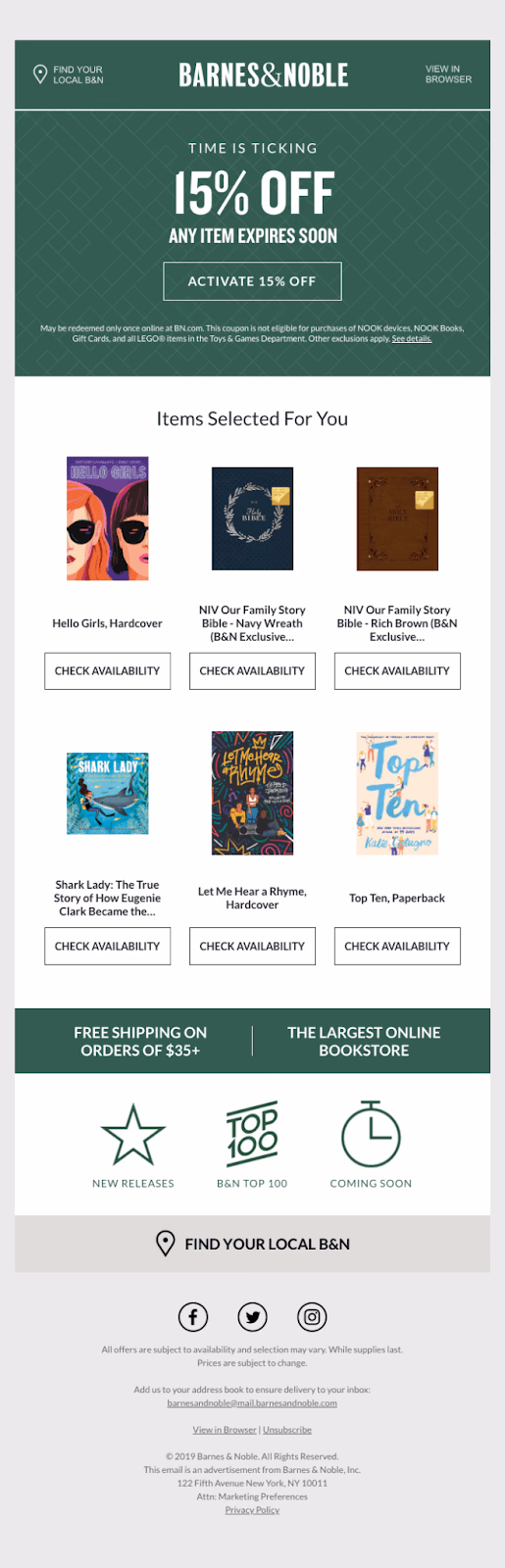Barnes & Noble email with a 15% off promotion, book suggestions, and free shipping offer.