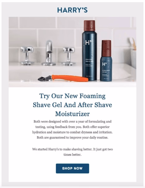 Harry's shaving products, including foaming shave gel, aftershave lotion, and a razor, on a bathroom sink.