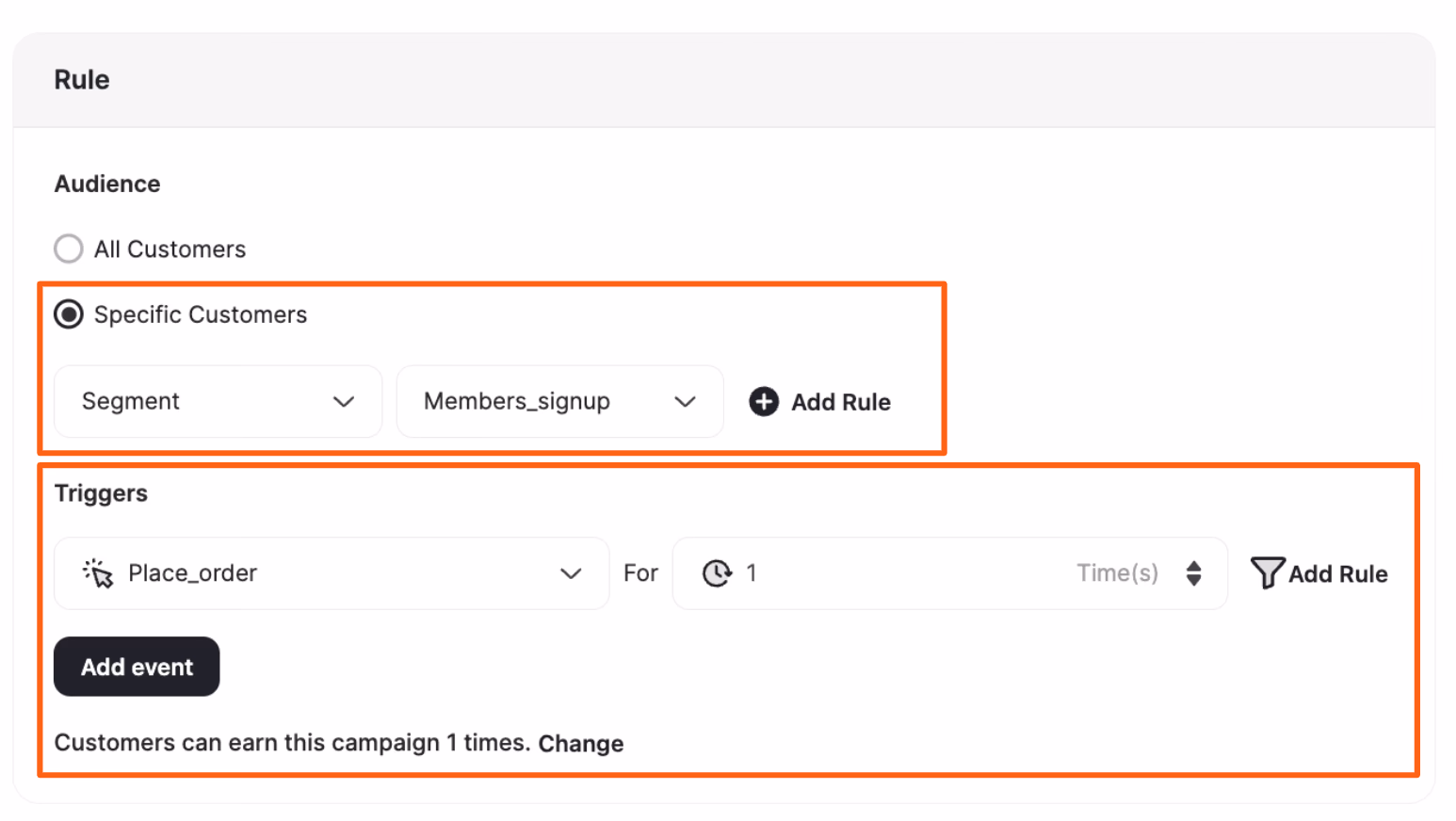 Screenshot of campaign rules settings showing audience and trigger configurations.