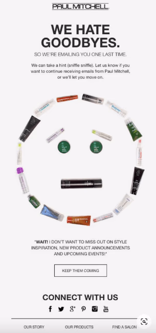 Paul Mitchell email featuring a sad face made of beauty product containers.