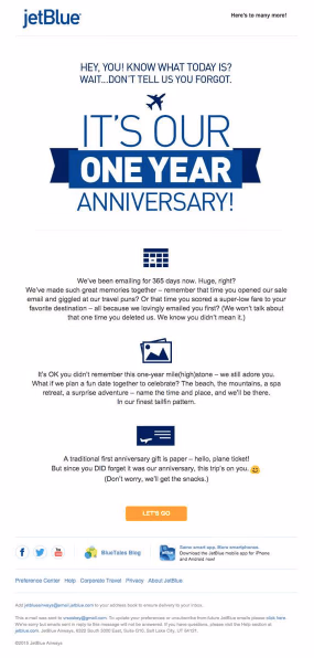 JetBlue email celebrates their one-year email anniversary with a humorous invitation to travel.