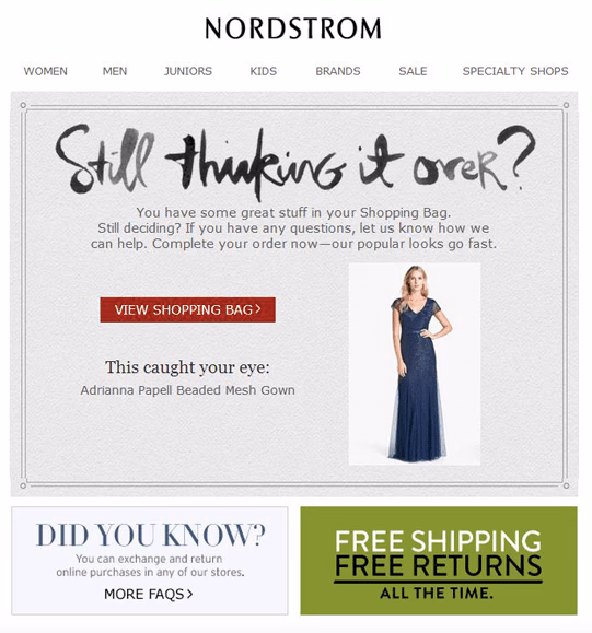 Nordstrom's email reminder to complete your order, featuring a blue Adrianna Papell gown.