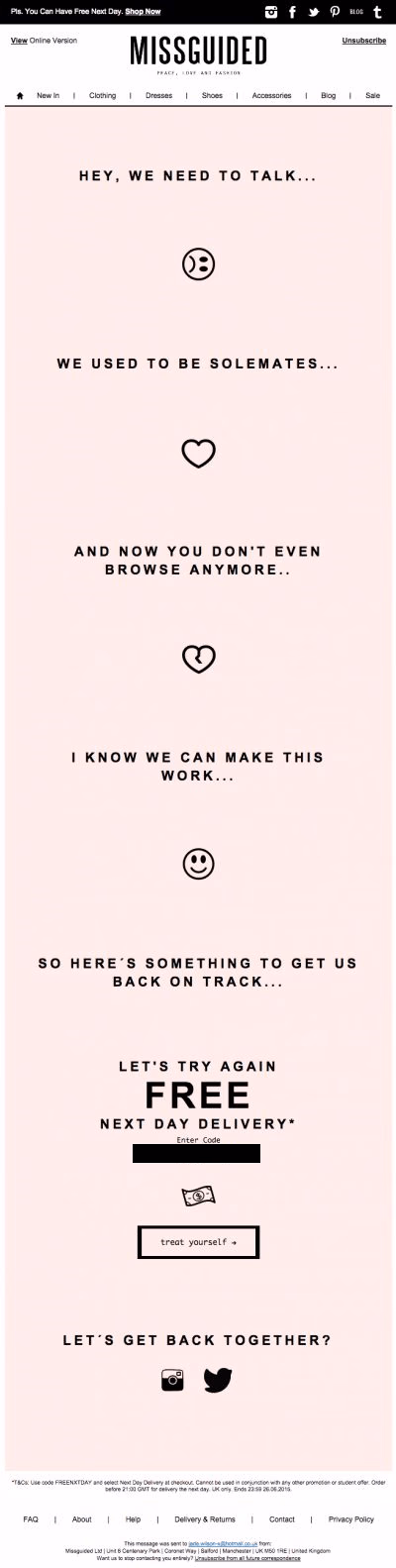 Missguided email with text asking "Let's get back together?" and offering free next-day delivery.