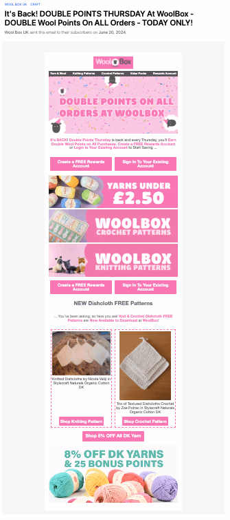 Woolbox email promoting double points, yarn discounts, and dishcloth patterns.