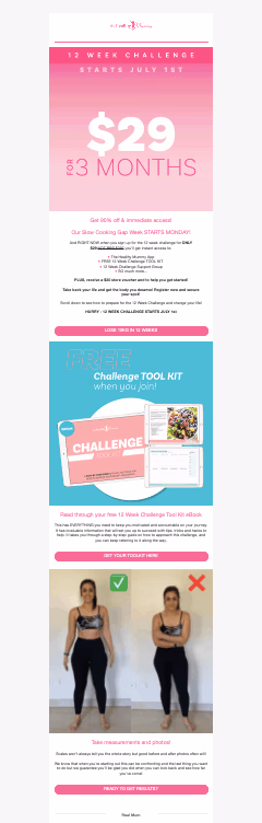 Email promoting a 12-week challenge kit with measurements and how to take before and after photos.
