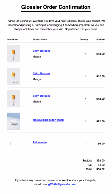 Glossier order confirmation for beauty products, including Balm Dotcom and Moon Mask.