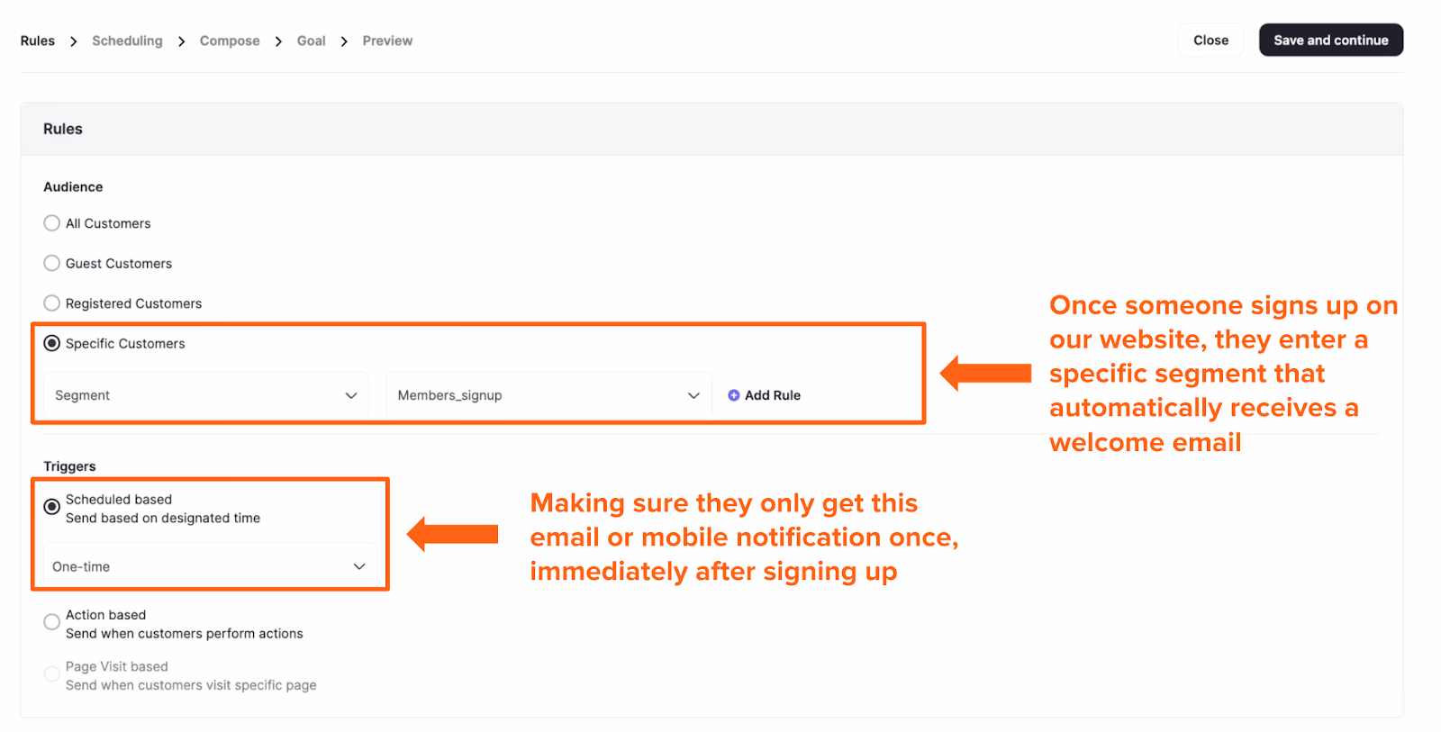 Email marketing settings: audience segmentation and a one-time welcome email trigger.