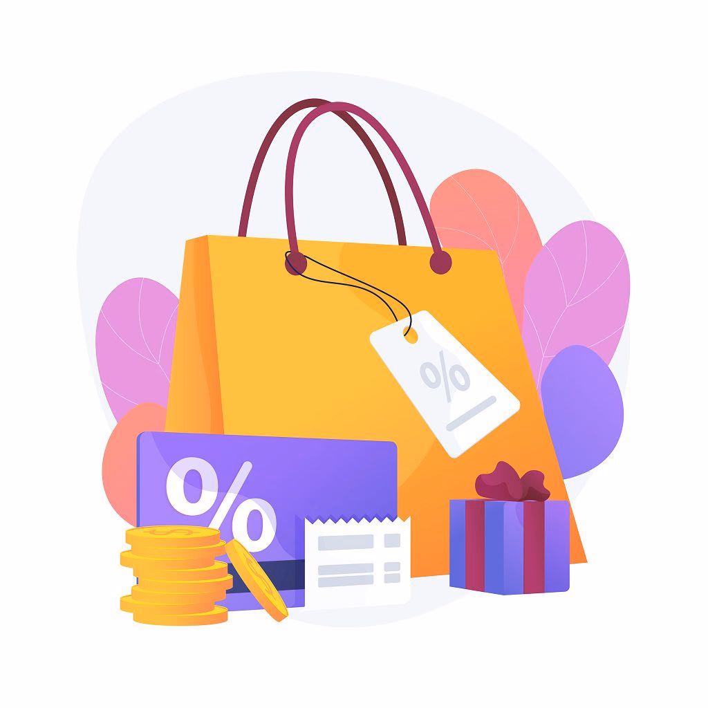 Stylized illustration of sales and promotions featuring a shopping bag, gift, and coins.