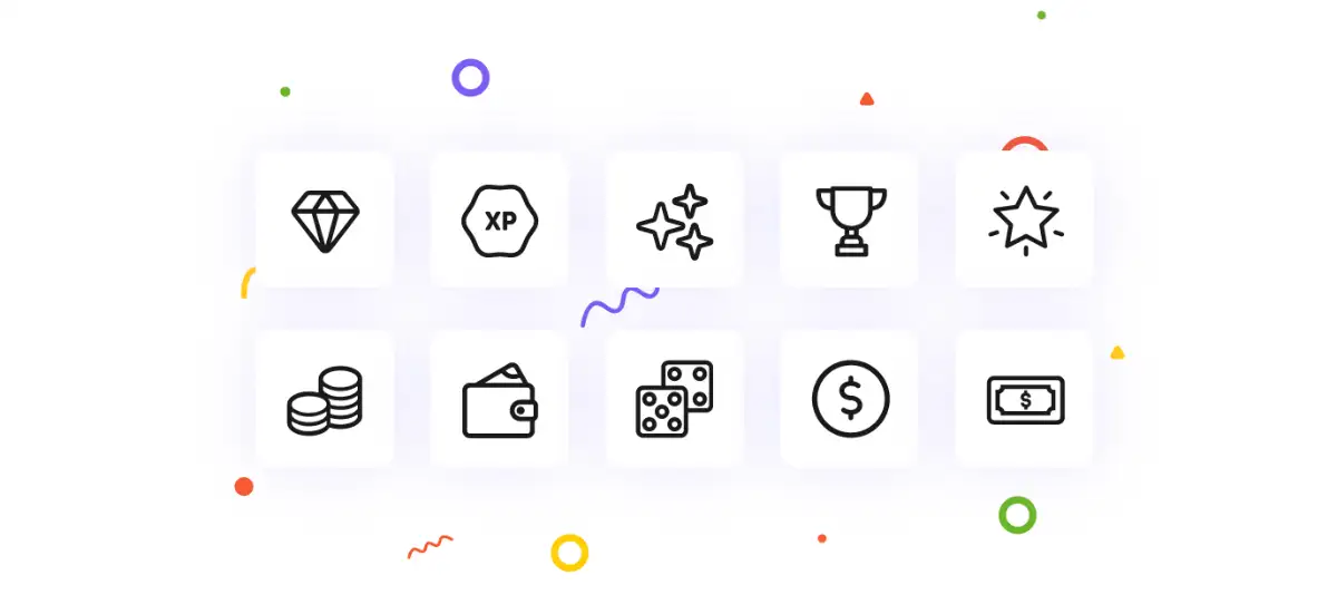 Outlined icons of rewards/achievements on square cards against a white background.
