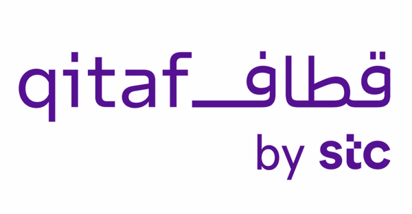 Purple "qitaf" and Arabic text beside "by stc" against a white background.