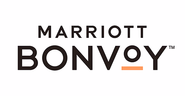 Marriott Bonvoy logo with black lettering and one orange line.