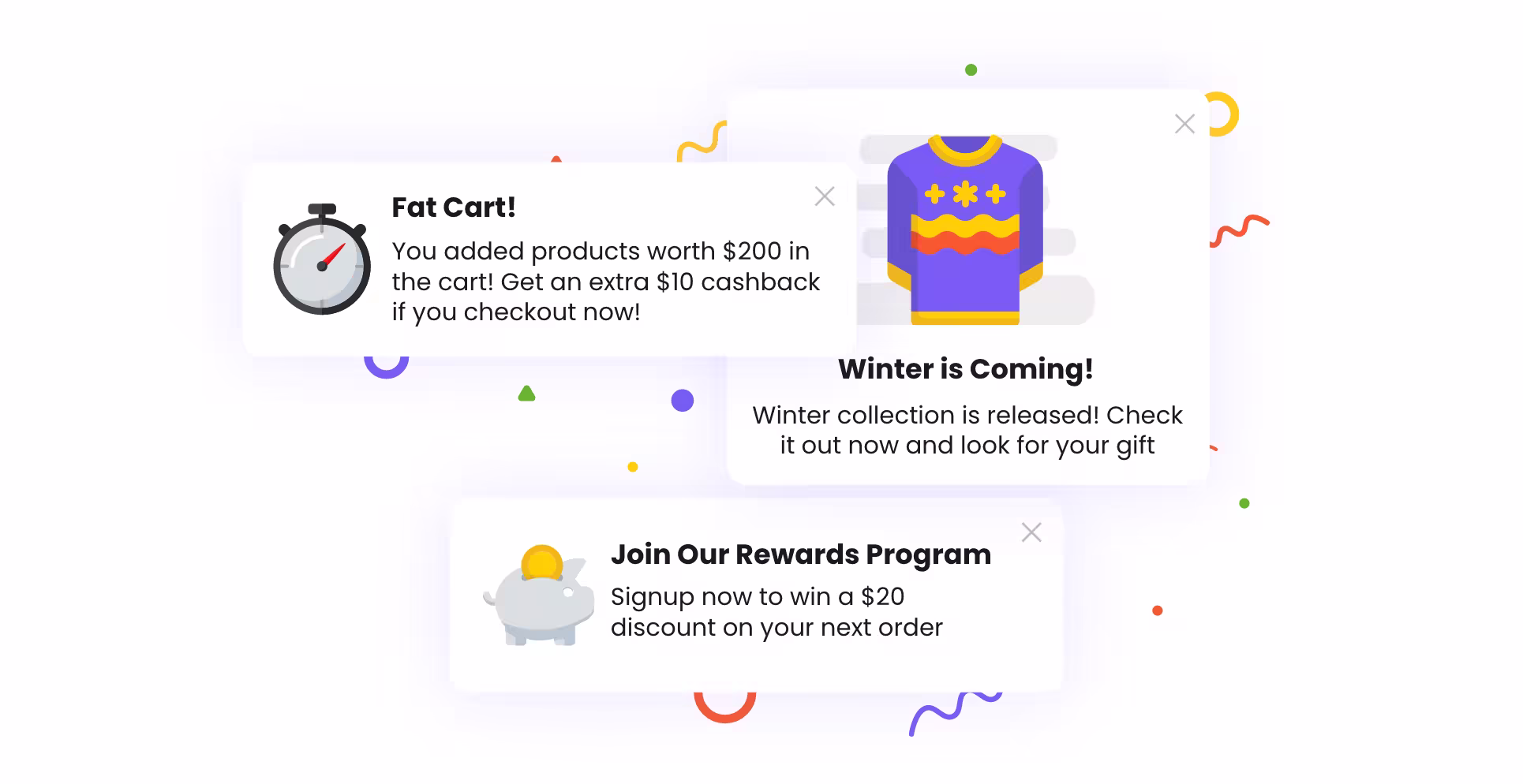 Promotional pop-up messages announce cashback, winter clothing line, and rewards signup discounts.