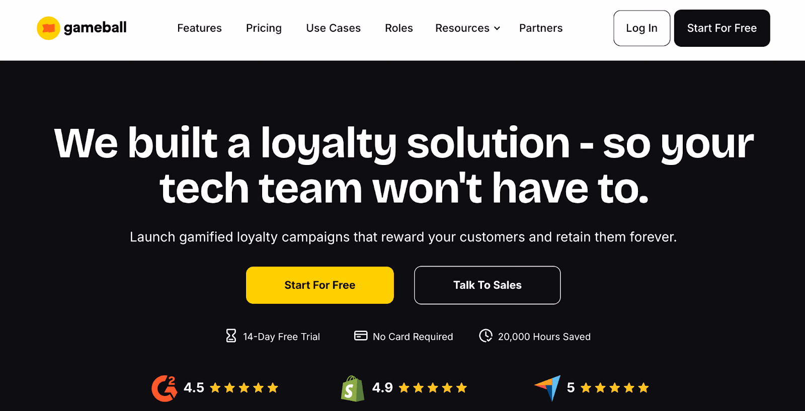 Gameball website homepage highlighting its loyalty solution benefits and customer ratings.
