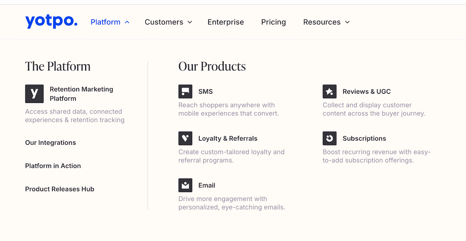 Yotpo website overview, with sections for "The Platform" and "Our Products".
