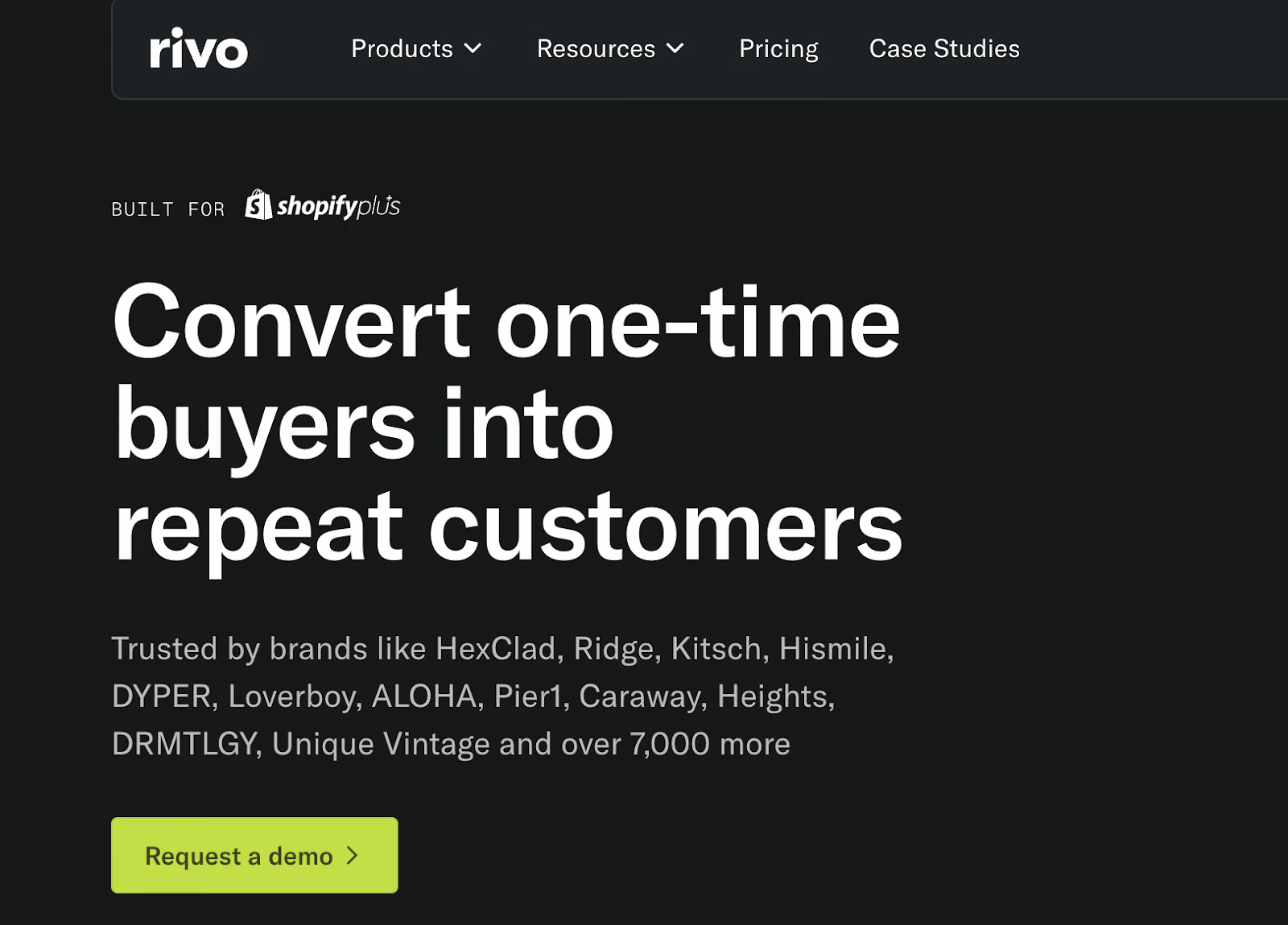Rivo webpage: "Convert one-time buyers into repeat customers" built on Shopify Plus.