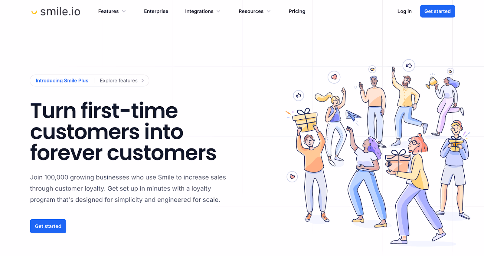 Smile.io hero image shows illustrated customers happy to receive gifts.