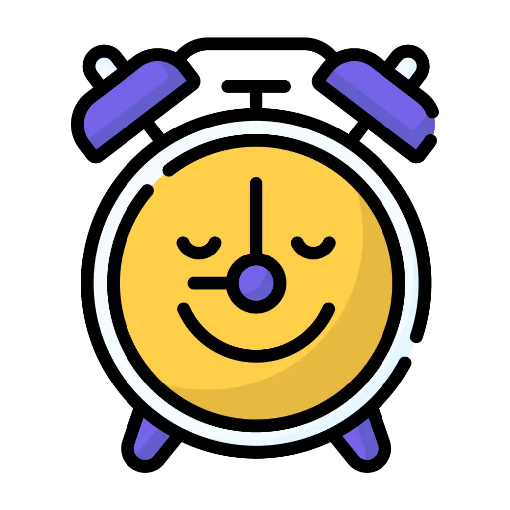 Smiling alarm clock with closed eyes, indicating it is sleep time.
