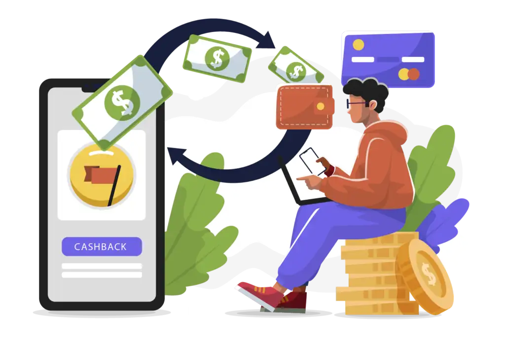 Cartoon illustration of cashback, dollar bills flowing between a phone app and a wallet.