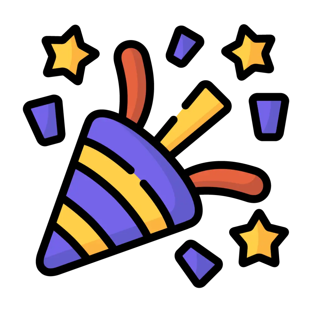 Cartoon-style party popper with stars and confetti on a black background.
