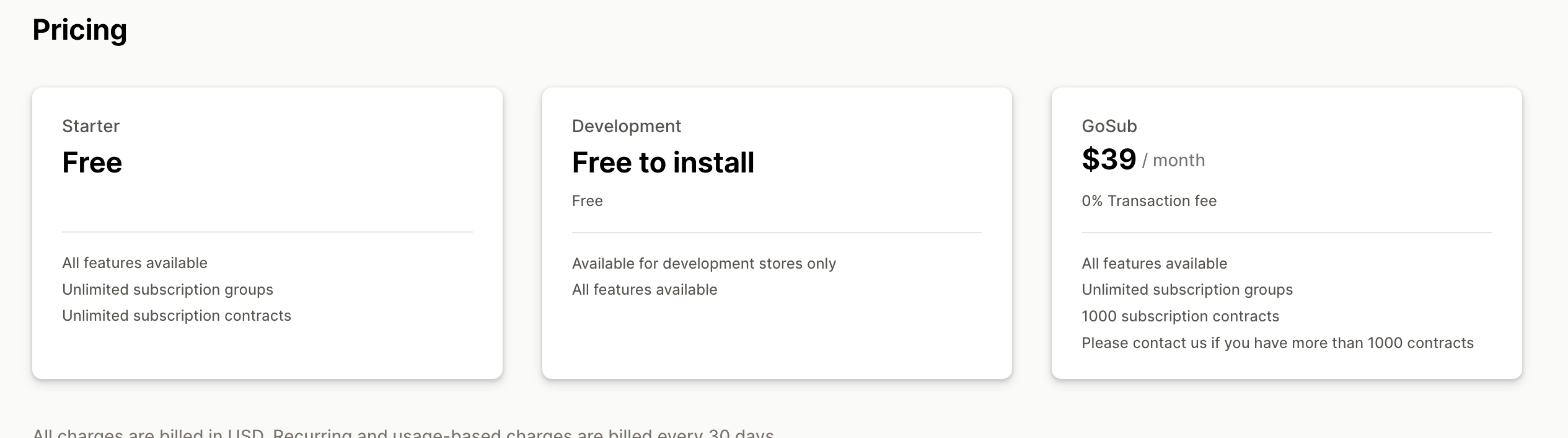 Three pricing tiers are displayed: a Free starter plan, a free to install development option, and a GoSub plan at $39/month.

