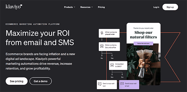 Klaviyo website showcasing automation for e-commerce email and SMS marketing.
