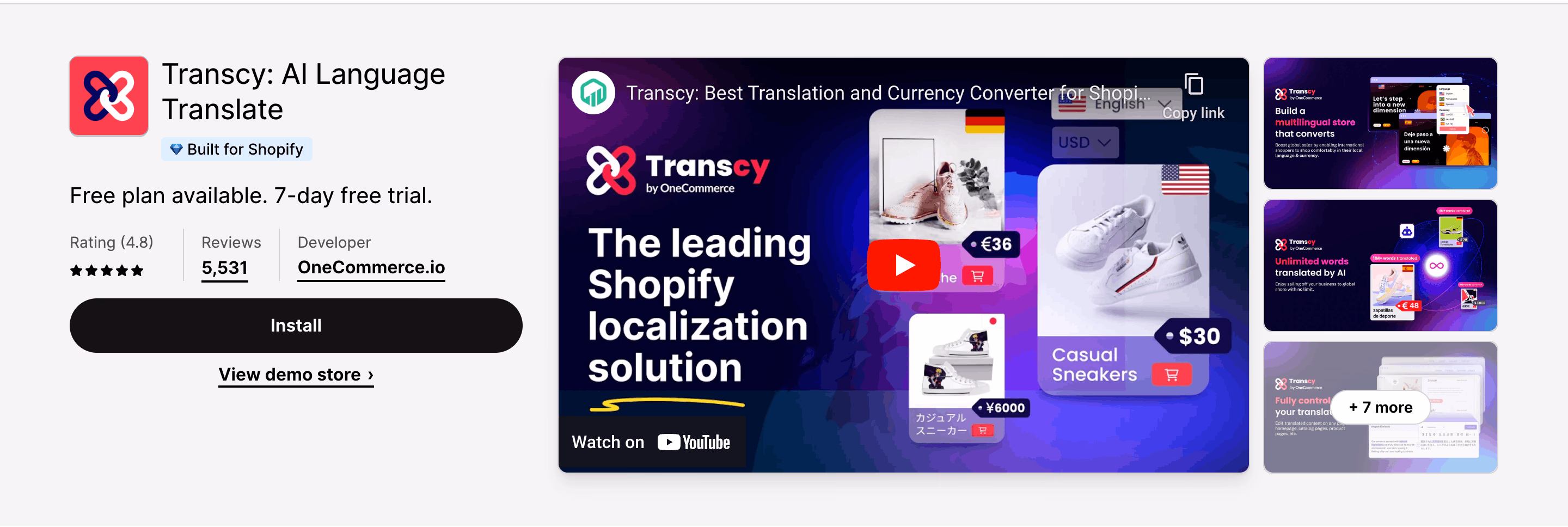 Marketing image for Transcy, an AI language translator for Shopify stores.