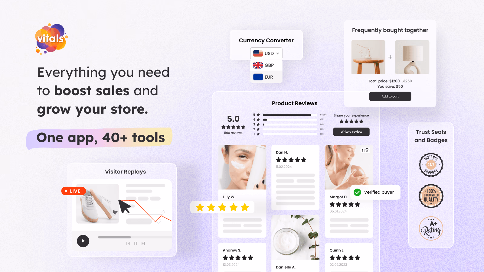 Website interface showcasing features to boost sales, including product reviews and visitor replays.
