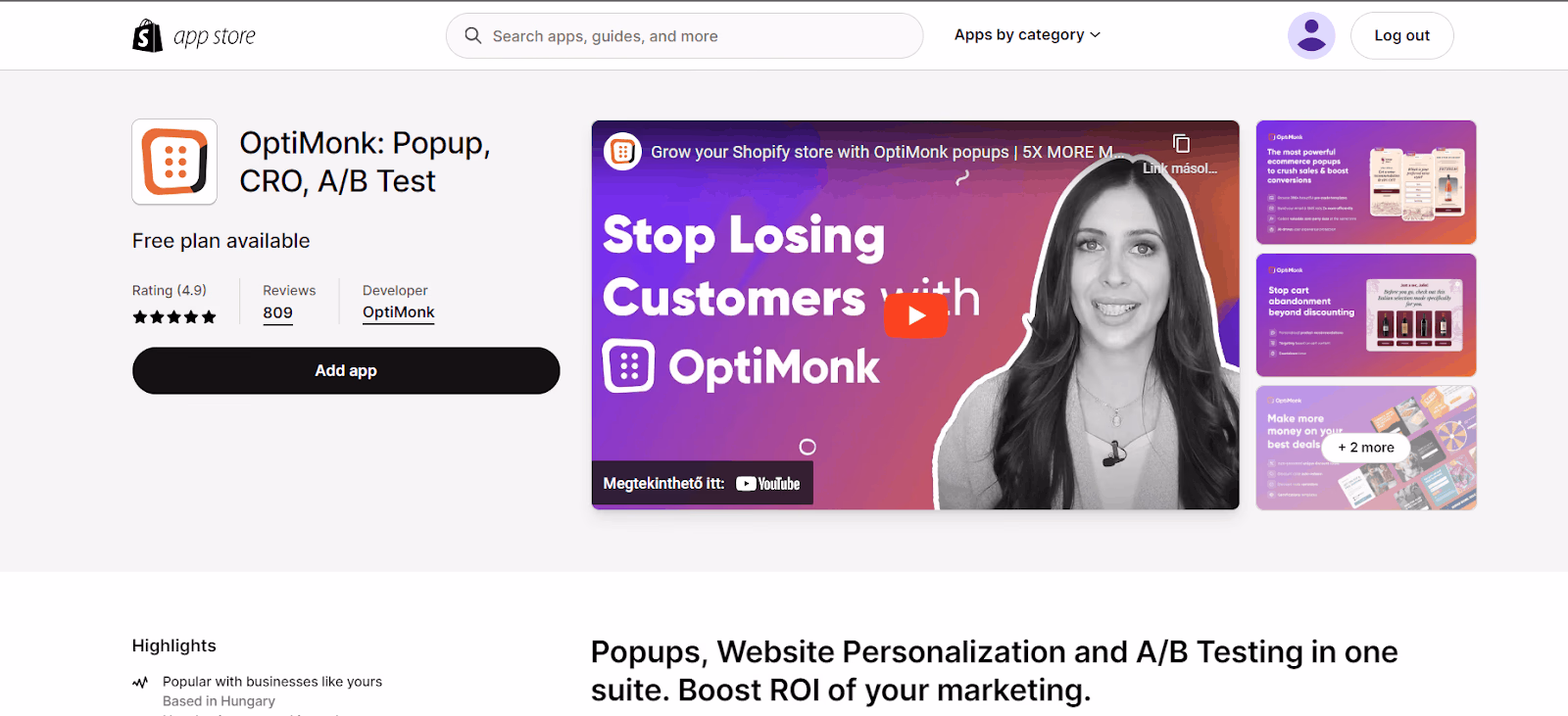 Shopify App Store listing for OptiMonk: Popups, CRO, A/B Testing, a website personalization tool.