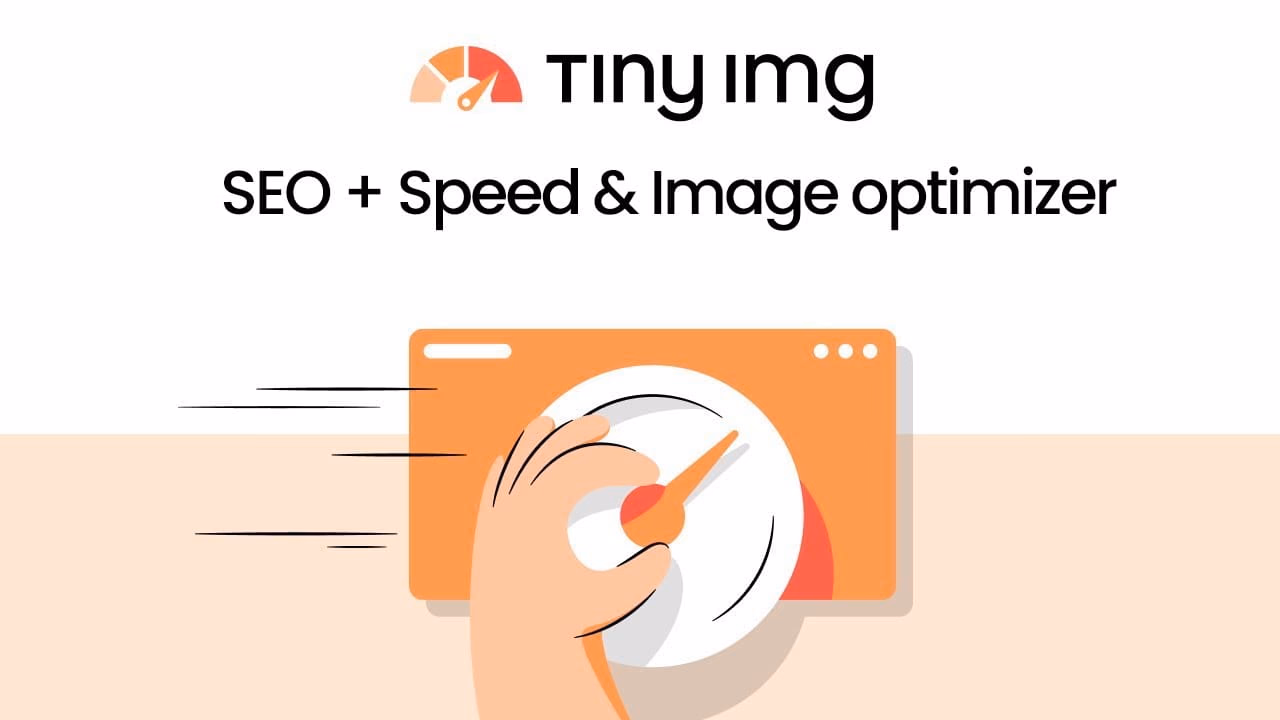 TinyImg ad: hand turning speed dial as "SEO + Speed & Image optimizer" text floats above.