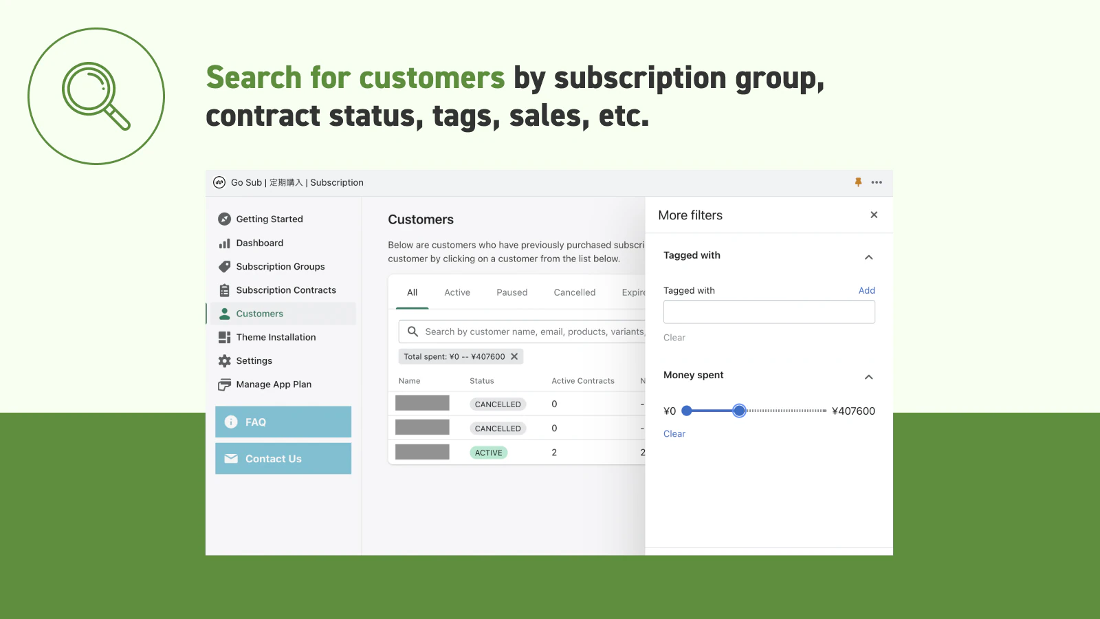 Go Sub's Customers page with subscription filters (status, "money spent", tags) shown.