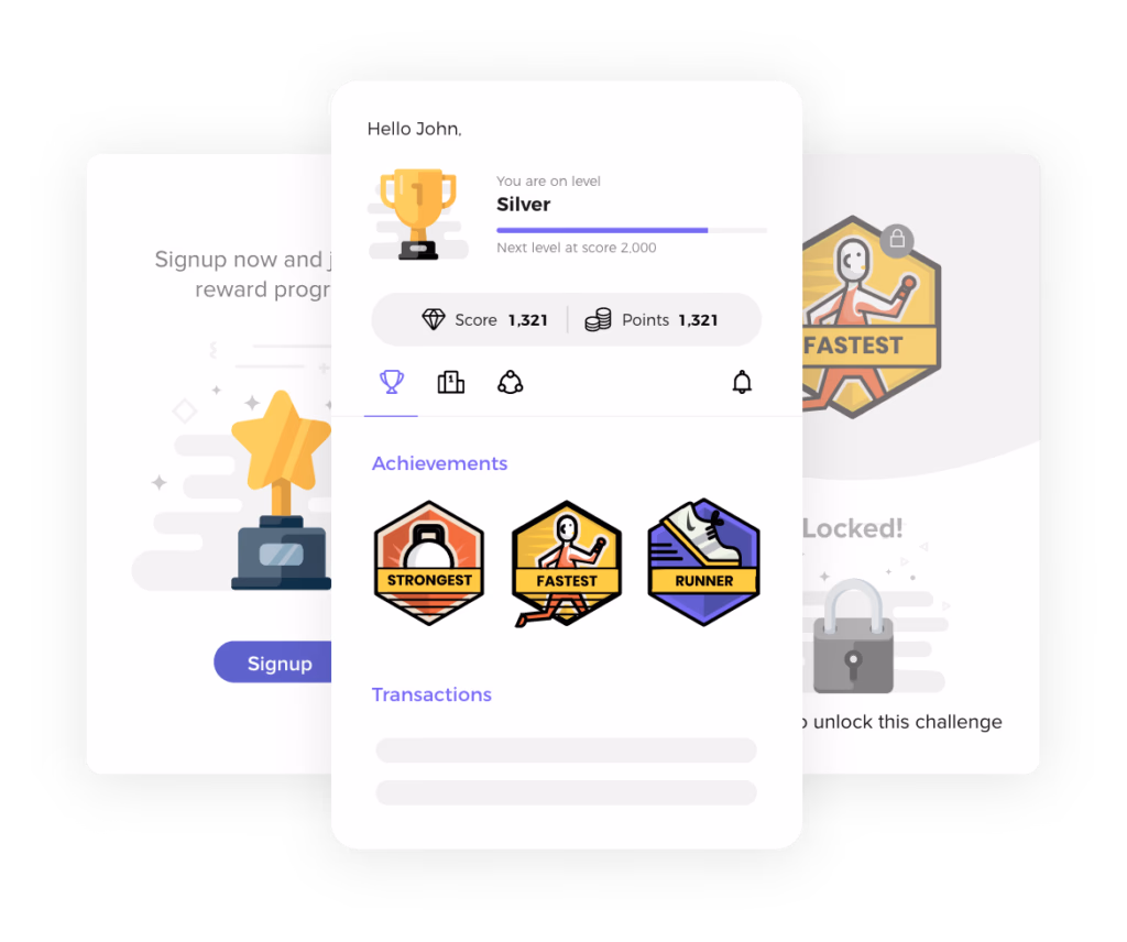 App interface of a rewards program showing levels, achievements, and a sign up page.